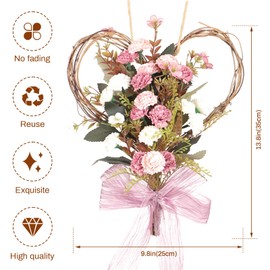 Door Wreath, Artificial Carnations, Heart Shape, 30 cm, Spring Decoration for Front Door, Door Wreath, Wall Wreath, Valentine's Day, Mother's Day (Carnation Pink)