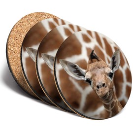 Destination Vinyl ltd Great Coasters (Set of 4) Round - Cute Baby Giraffe Face Wildlife Drink Glossy Coasters/Tabletop Protection for Any Table Type #12323