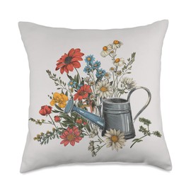 Gardening Vintage Garden Flowers Watering Can Gardener Throw Pillow