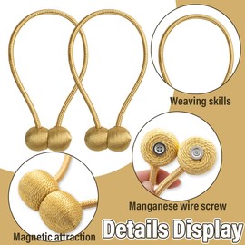 Pack of 2 Magnetic Curtain Tiebacks Curtain Clips Rope Back Curtain Holder Buckles Curtain Binder Curtain Holder Magnetic Curtain Tieback for Home Decoration Gold