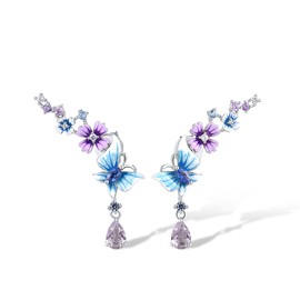 Santuzza 925 Sterling Silver Flower Butterfly Earrings Purple Glass Cubic Zirconia Enamel Stud Earrings for Women