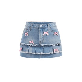 SHENHE Women's Bow Decor Denim Mini Skirt Ruffle Hem Frayed Cute Mini Jean Skirt Light Wash Medium