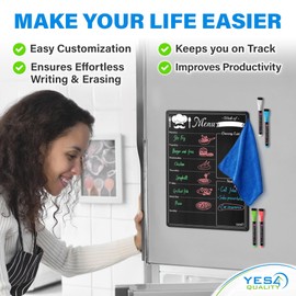 Magnetic Dry Erase Menu Board for Fridge (16x12) - Weekly Meal Planner Blackboard w/ 4 Magnetic Chalk Markers & Wiping Cloth - Chalkboard Organizer for Dinner Menus & Grocery Lists by Yes4Quality