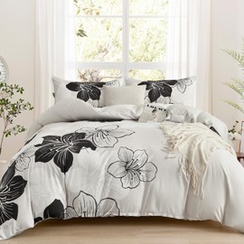 DJY 3 Pieces Duvet Cover Set King Black White Floral Pattern Comforter Cover Elegant Boho Floral Duvet Cover with 2 Pillow Cases Lightweight Microfiber Bedding Duvet Cover Set All Season 90"x 104"