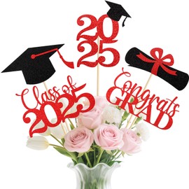 MSZWTDZX Graduation Decorations 2025, 20Pcs Class of 2025 Graduation Centerpieces for Tables, Double-Sided Grad Table Centerpieces with Sticks, Grad Party Decoration Supplies(Black&Red)