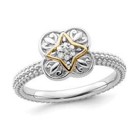 Sterling Silver Flower Ring with Accent Diamonds