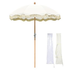 LAGarden Jazz Age Wooden Patio Fringe Umbrella 6ft 8-Rib Tilt - Color: Beige+Gold Sequin, Size: 6ft 8-rib