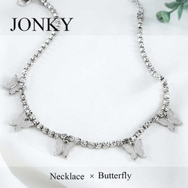 JONKY Butterfly Pendant Necklaces Rhinestone Choker Necklace Sparkly Tennis Necklace Fashion Jewelry for Women(Silver)
