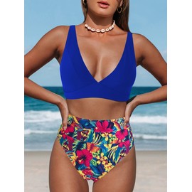 Hilinker - Traje de baño de bikini de leopardo para mujer, cuello en V, cintura alta, 2 piezas, Floral azul real., M