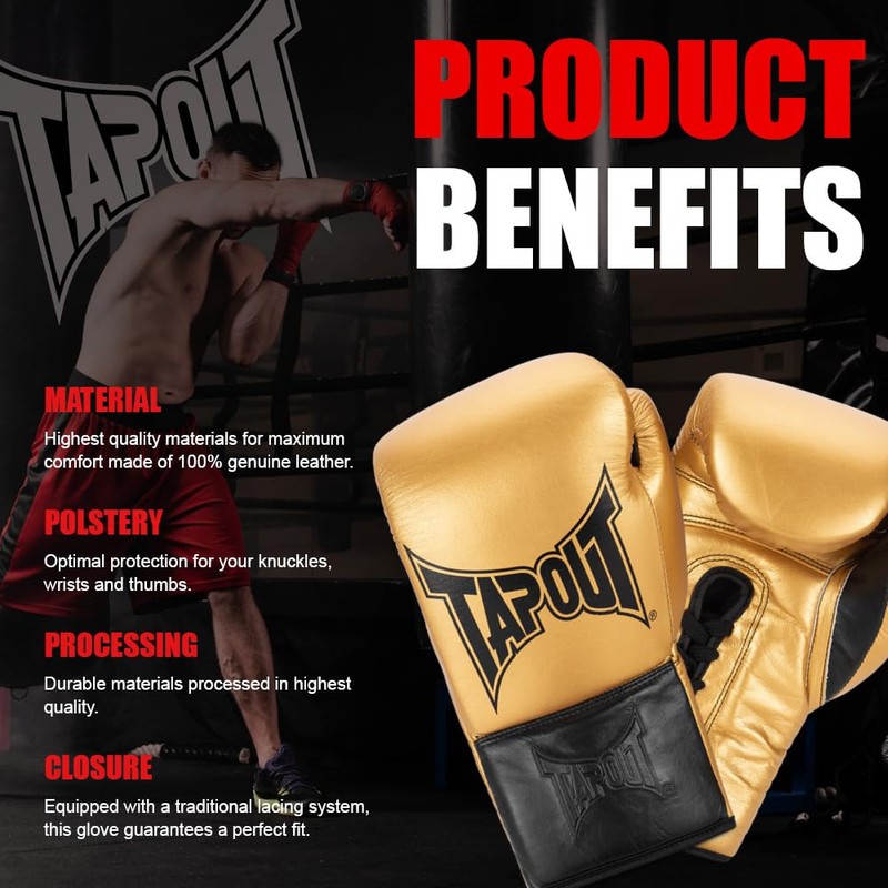 Tapout Leather Boxing Gloves (1 Pair) Lockhart Gold/Black, 08 oz