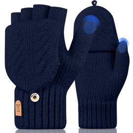 UKNOWISA Fingerless Gloves Thermal Mitten Flap Touchscreen Knitted Soft Lining Winter warm gloves for outdoor running dog walking -women men (NAVY BLUE)