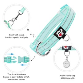 azuza Reflective Dog Collar,Soft Neoprene Padded Pet Collar with ID Tag Ring,Adjustable for Small Dogs,Teal,S