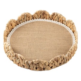 HANPINYUAN Round Basket Tray Water Hyacinth Scalloped Rattan Basket, Round Serving Tray with Handles,Coffee Table Tray with Linen Lining