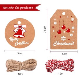 SUHOMMY 100 PCS Etiquetas de de Regalo Papel Kraft de Navidad, Etiquetas de Navidad para Regalos con Cuerda, 10 Patrones de Etiquetas Adecuado para la Decoración de Regalos de Navidad e Invierno