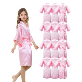 ALHAVONE 12 Pieces Girls Kids Silky Satin Solid Color Short Kimono Robes for Wedding Birthday Party Spa (Pink Set of 12, 14)