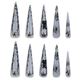 MERVF Stiletto Press on Nails Extra Long Fake Nails Gray Glue on Nails Black Rabbit Press ons with Graffiti Design Goth Almond Acrylic False Nails for Women Glossy 24pcs