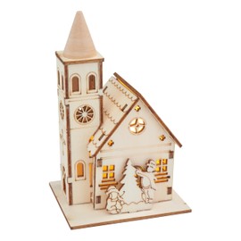 VBS Wooden Church Kit with Round Tower Tip LED 15 Pieces Learning Toy Craft Set Creative Set Church Tower Lighting Church Building Set Church Model Wooden Building Blocks Wooden Church Model Building