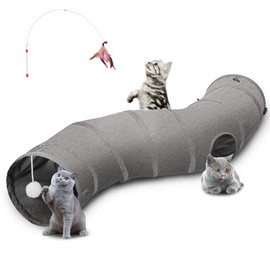 Ownpets Cat Tunnel Sturdy Oxford Fabric Cat Tunnel Toy, S-Shape Collapsible Cat Tunnels for Indoor Cats,Interactive Peek Hole Pet Tunnel Tube with Cat Wand Toy