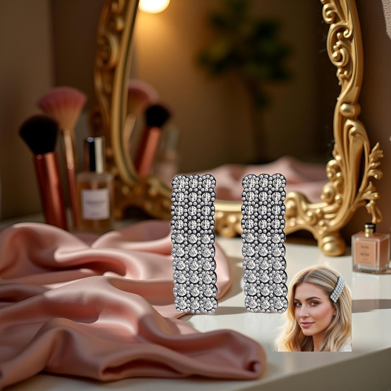2 Pcs Silver Rhinestones Snap Hair Clips for Women Girls