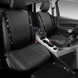 CAR PASS 23 PCS Bling Car Accessories Set for Women, Leather Car Seat Covers Full Set Sparkly Rhinestone15'' Steering Wheel Covers Shining Diamond Car Floor Mats Cute Car Interior Sets, Black Diamond