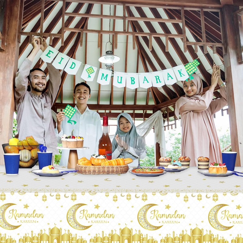 ZKFSIE Ramadan White Table Cloth, 137x274cm/54x108Inch Eid Table Cloth, Waterproof