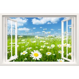 Fake Window Wall Decal - Green Forest Scene Faux Window Wall Mural for Home Decor, Peel and Stick Wall Sticker, 24" x 16"