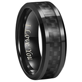 6mm 8mm 10mm Black Carbon Fiber Black Tungsten Carbide Wedding Band Ring Engraved I Love You Men Women (8mm,9.5)