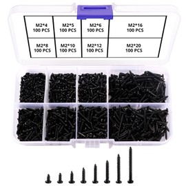 VooGenzek Pack of 800 M2 Self-Tapping Screws, Pan Head Tapping Screws, Phillips Screws, Carbon Steel Screws for Plastic, Wood, Soft Metal (Black Miniature Screws)