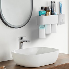 VITVITI Toothbrush Holders for Bathrooms, Toothbrush Holder and Toothpaste Dispenser Wall Mounted, Automatic Plastic Tooth Brushing Holder with 3 Cups, White
