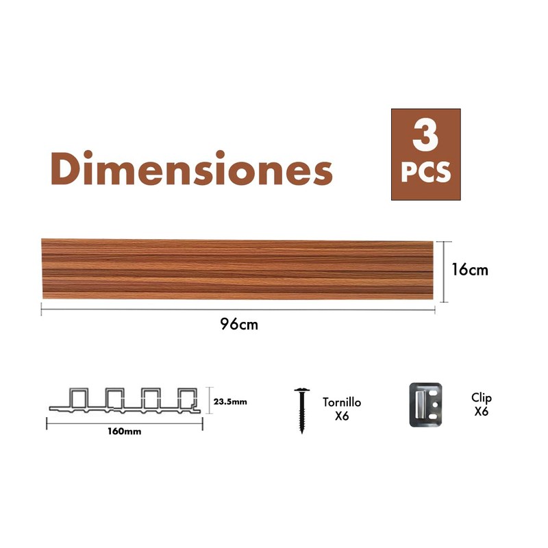 Lambrín Decorativo De Interiores Wpc 3D 96x16cm 3 piezas (Caoba)