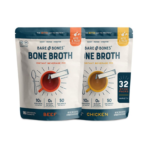 Bare Bones Bone Broth Instant Powdered Mix, Variety Pack, 16 Chicken and 16 Beef, 15g Sticks, 10g Protein, Keto & Paleo Friendly Bone Broth Packets, 32 Total Servings