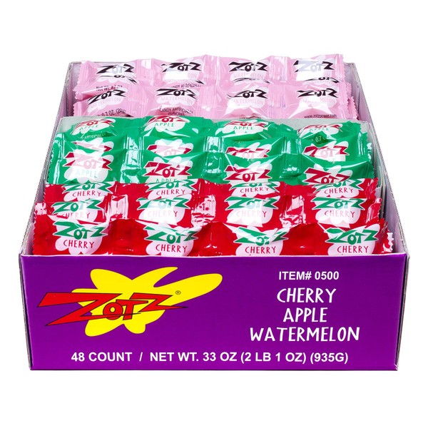 Zotz Fizz Power Candy Assorted - Fruit Flavored Hard Candy with a Fizzy Center | 48 Strings, 4 Pieces/String | Cherry, Apple & Watermelon | Gluten-Free