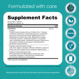 NaturaLife Labs Probiotics 70 Billion CFU – 15 Strains with Organic Prebiotic & Postbiotic – 3-in-1 Formula – 30 Vegan Capsules