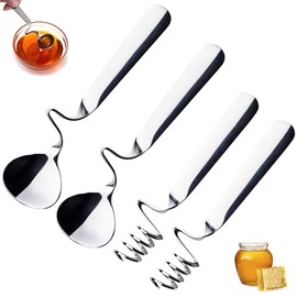 PHIEZC Honey Spoon Stainless Steel and Jam Spoon, Set of 4 Mixing Spoons, Dessert Spoons, Hanging Jam Spoon, Honey Spoon with Spiral, Suitable for Jam, Yoghurt and Honey