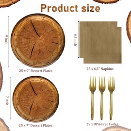 partiazy 100 Pieces Wood Grain Paper Plates Set 9" Rustic Wood Slice Paper Plates, 7" Woodland Plates Camp-Fire Camping Party Supplies Forest Themed Baby Shower Lumberjack Birthday Party Decorations