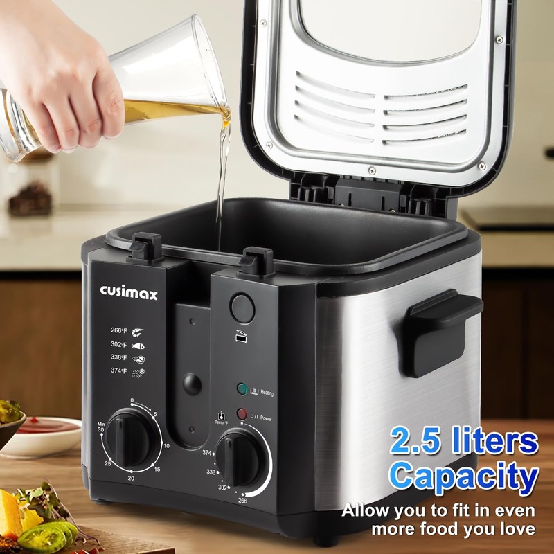 CUSIMAX Electric Deep Fryer for Home Use, 2.5 Liter 1500W