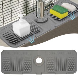 Qinthory 17.5 inch Silicone Faucet mat for Kitchen Sink, Upgraded Handle Drip Catcher Tray, Dish Soap Sponge Holder, Drying Mat for Bathroom Kitchen Sink Splash Guard Accessories (Gray)