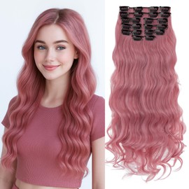 Benehair 22" Clip in Hair Extensions 12 Pcs Long Curly Wave Hair Extensions Clip in Full Head Synthetic Fiber Pink Hair Piece for Women Girls(Pink, 180g)