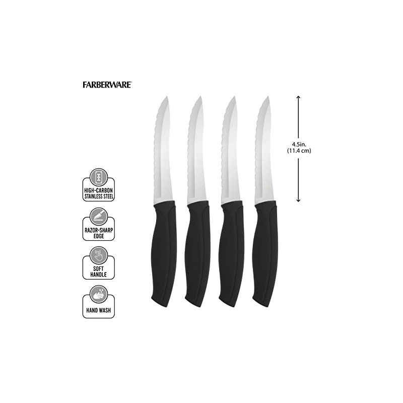 Farberware Precise Slice Steak Knife Set, 4-Piece, Black