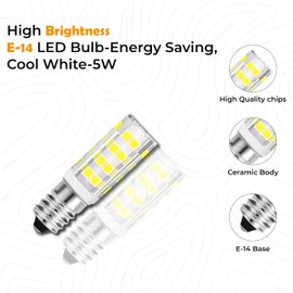 Cooker Hood Bulb E14 LED, 5W (50W+ Halogen Equivalent) 240V, 2700K Cool White, 450 Lumens, Replacement Screw Cap SES for Fridge/Sewing Machine/Cooker Pack of 2