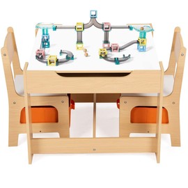 DREAMADE Children's Table with 2 Chairs, 3-Piece Children's Wooden Seating Set, Children's Seat Set with Board and Storage Space, Children's Painting Table with Board, Desk Chair, Children's