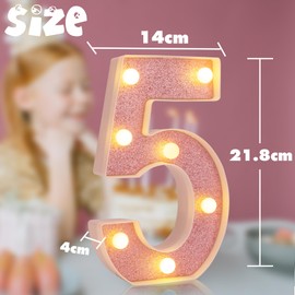 DyingSwan LED Marquee Numbers, 2025 Light Up Numbers for Party, Small Light Up Letters, Battery Powered Lighted Number for Birthday or Home Decor (Pink Glitter 5)