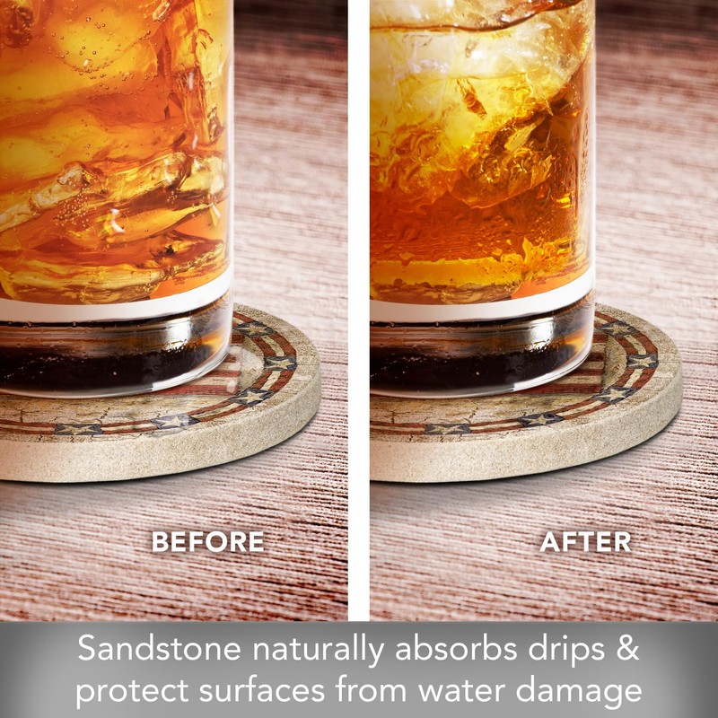 Thirstystone Americana Natural Sandstone Coaster 4 Pack Eco-Friendly, Absorbent, Easily