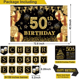 50th Birthday Decorations for Men Women,24PCS 50th Birthday Decor,Happy 50th Birthday Banner,Anniversary Card,6 Honeycomb Topper,Balloons,Cheers to 50 Years Banner,7 Hanging Swirl,6 Paper Poms,Sash