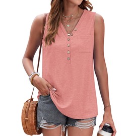 WNEEDU Summer Tank Tops for Women V Neck Tunic Tops Sleeveless Loose Fit T-Shirt with Pocket(Pink,XL)