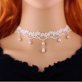 Atentuyi Boho Wedding Flower White Lace Choker Necklace Silver Pearl Tassel Pearl Pendant Necklace Vintage Rose Floral Choker Collar Clavicle Short Necklace Jewellery for Women Teen, High quality