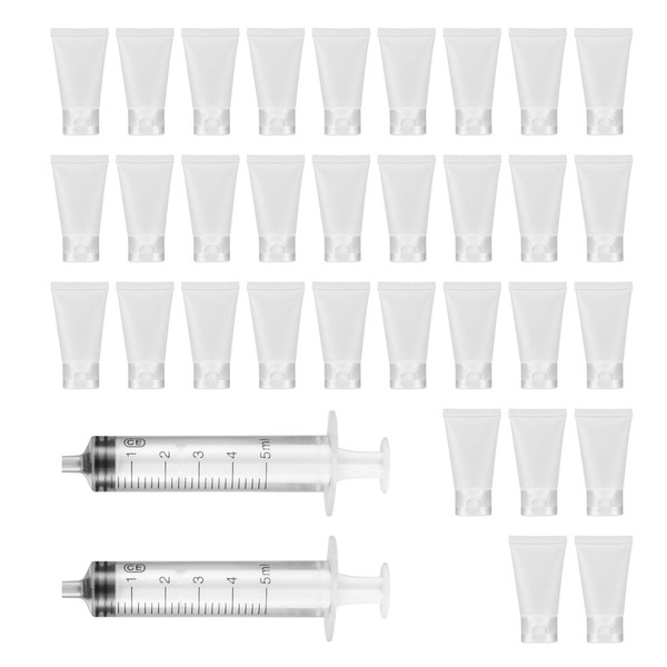 Yibaijia 30 PCS 30ml Refillable Tubes Bottle, Travel Makeup Container, Cosmetic Sample Bottles with 2 PCS Dispensing Tool for Shampoo, Facial Cleanser, Body Lotion Shower, Gel