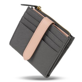 World Closet Women's Bi-fold Wallet, Large Capacity, Ultra Lightweight, Compact, Prevents Skimming, Gray × Pink