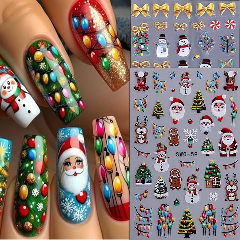 4Pcs Christmas Nail Stickers 5D Embossed Christmas Lights Xmas Tree