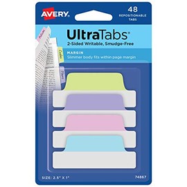 Avery Margin Ultra Tabs, 2.5" x 1", 2-Side Writable, Assorted Pastel Color, 48 Repositionable Tabs (74867)